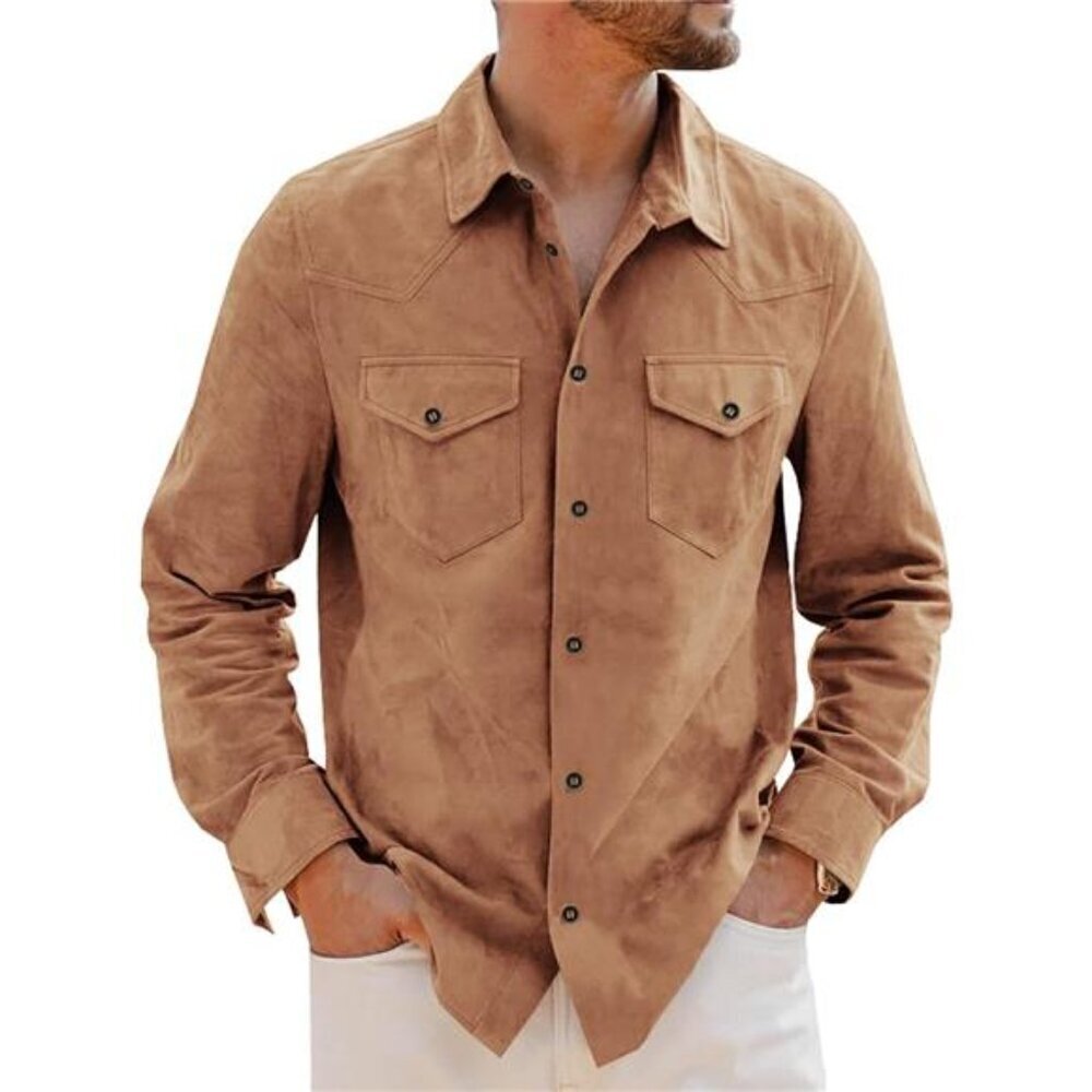 Suede Shacket Men Long Sleeve Button Down Western Shirt